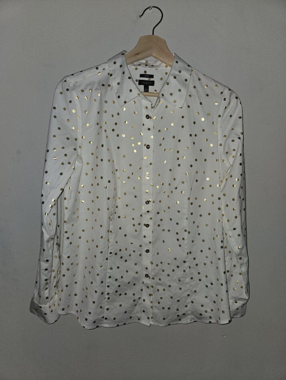 Talbots Gold Polka Dot Button Down Shirt Size 8 Non Iron Cotton Metallic Festive